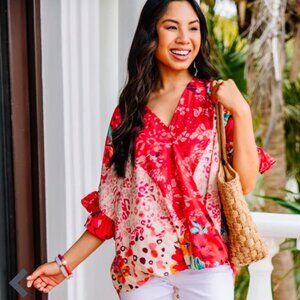 The Mint - Be So Bold Coral Red Mixed Print Blouse, Size Small